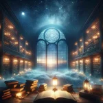 Cena mística de uma biblioteca à meia-noite com livros brilhantes e céu estrelado, evocando magia e possibilidades infinitas