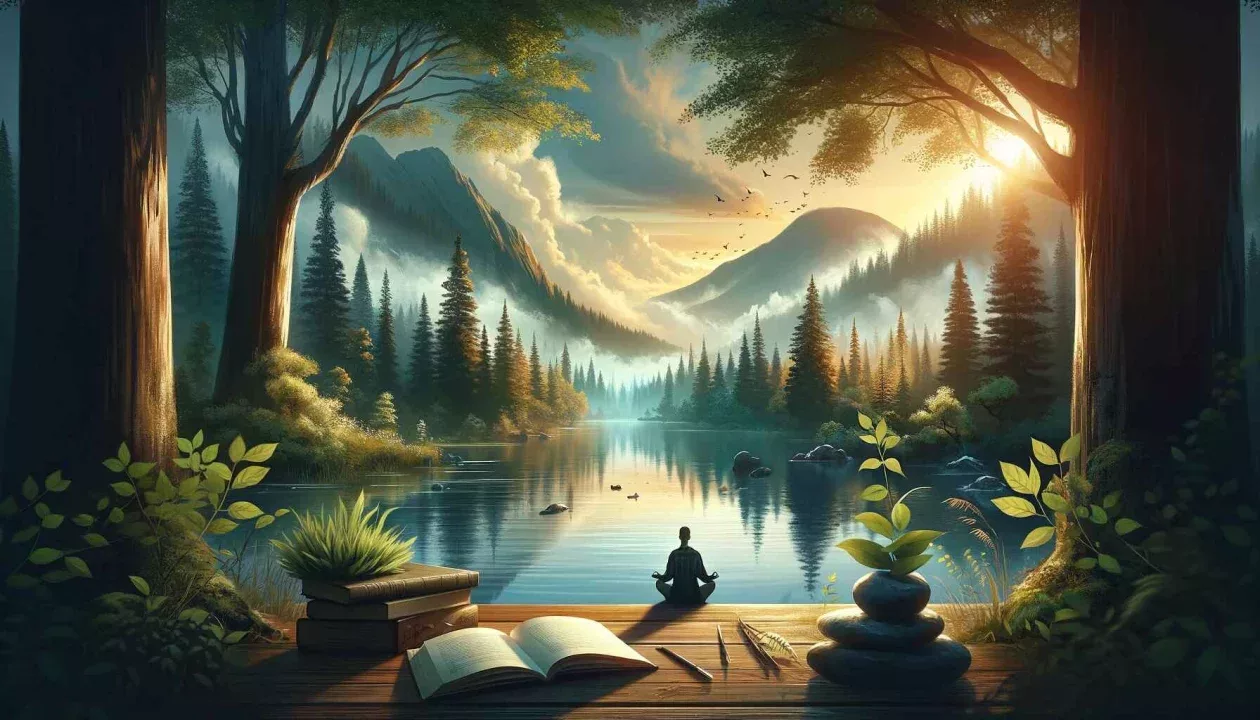 Cena simbolizando paz e contemplação, como uma paisagem natural serena ou uma pessoa em estado meditativo, representando a busca por paz interior em meio ao caos do dia a dia