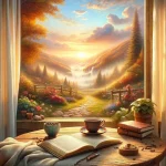 Cena matinal tranquila com uma xícara de café e um livro, em um ambiente sereno, evocando reflexão espiritual e paz