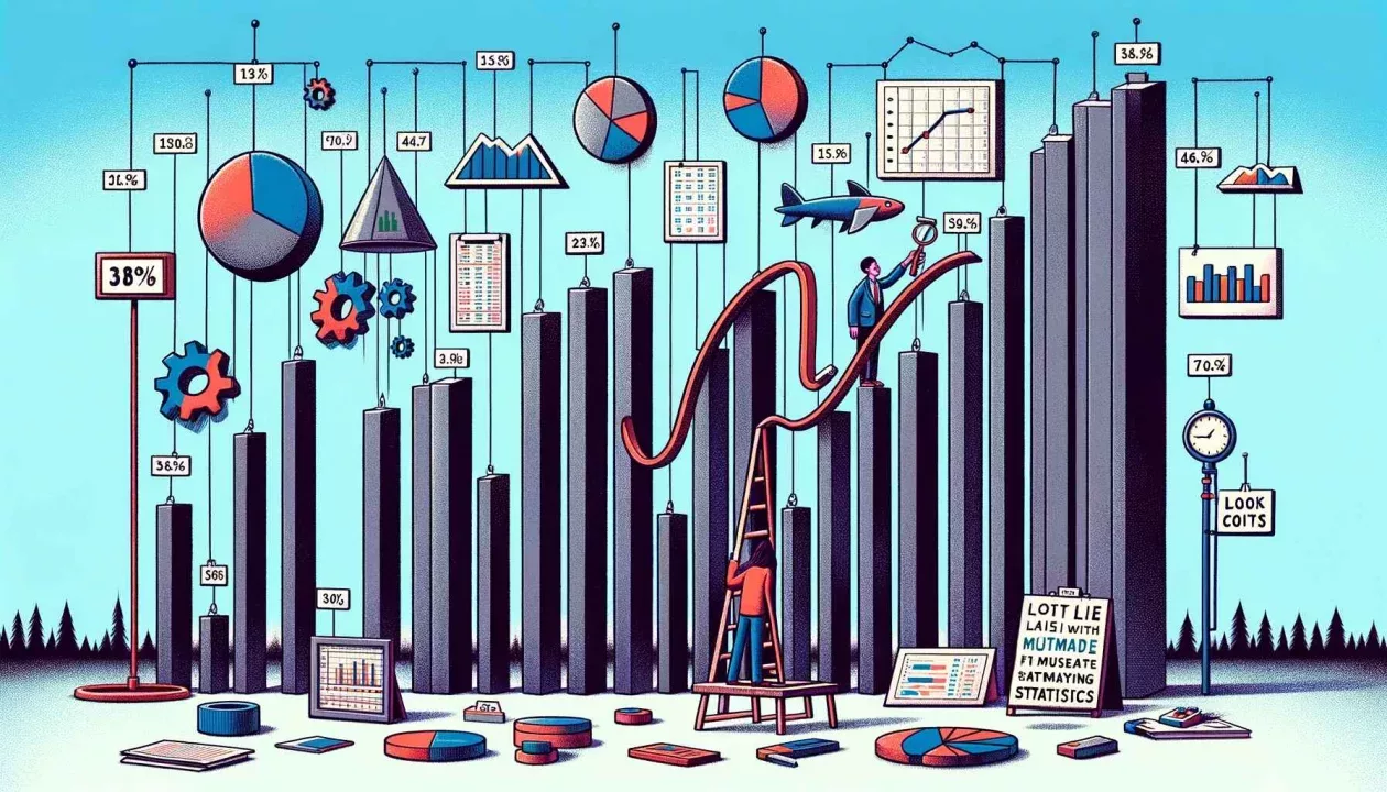 Cena satírica de uma pessoa manipulando gráficos e estatísticas, simbolizando a distorção de dados
