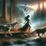 Cena de uma mulher correndo com lobos em um ambiente selvagem, simbolizando empoderamento feminino e conexão instintiva com a natureza