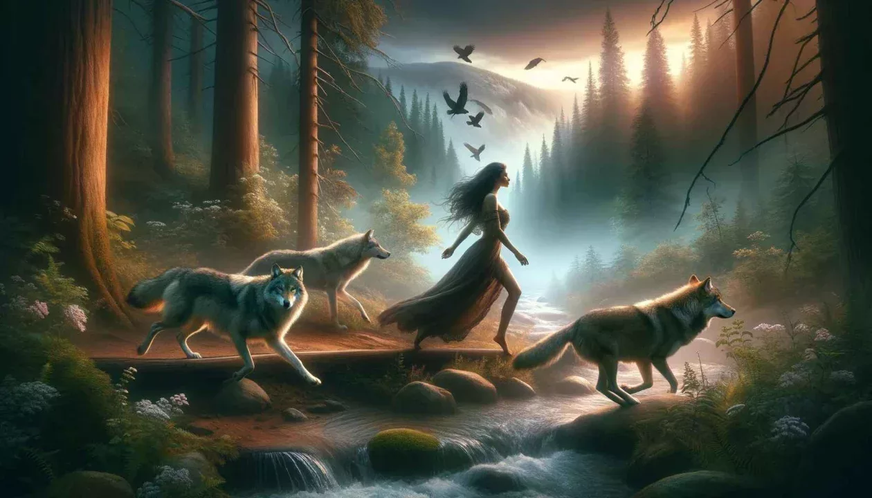 Cena de uma mulher correndo com lobos em um ambiente selvagem, simbolizando empoderamento feminino e conexão instintiva com a natureza