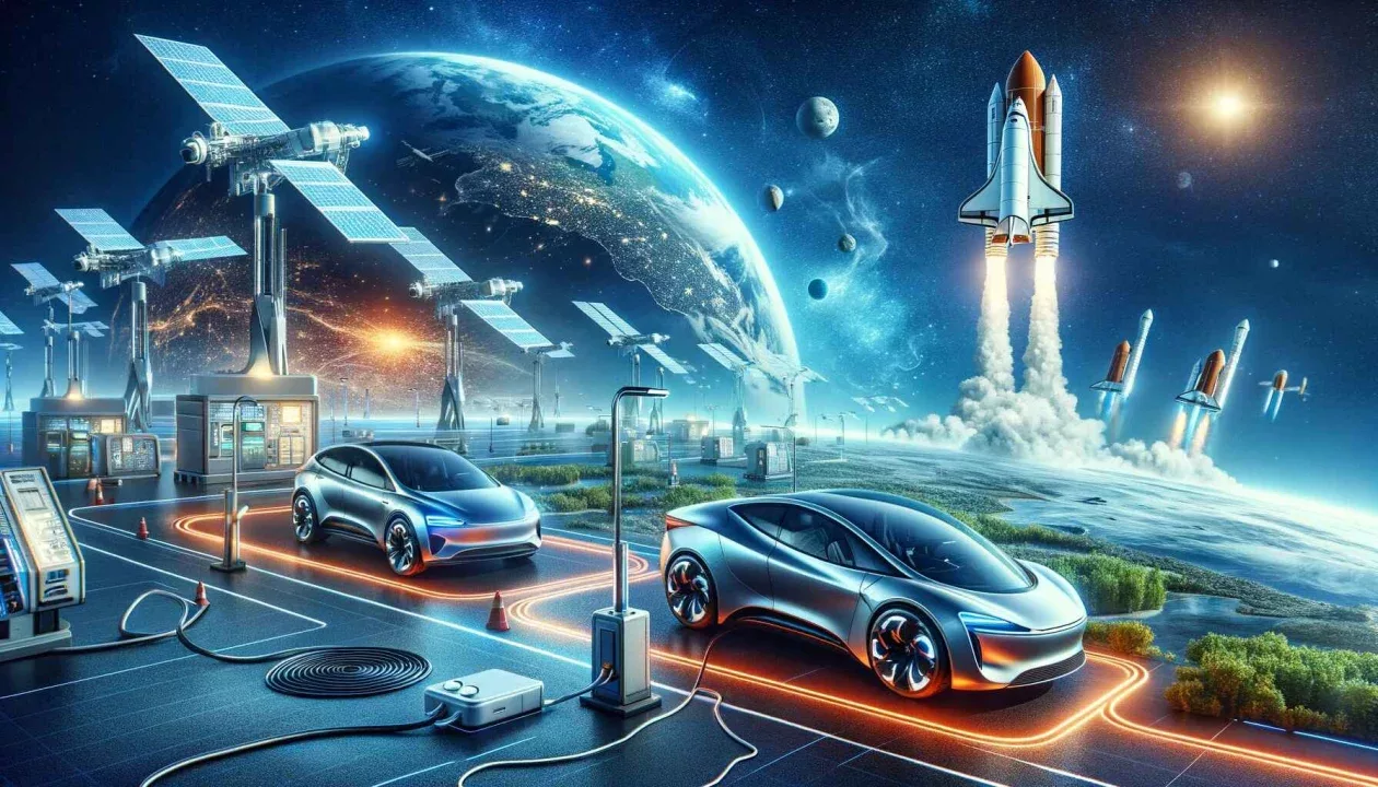 Cena futurista com carros elétricos e tecnologia espacial, incluindo um foguete lançando e veículos modernos