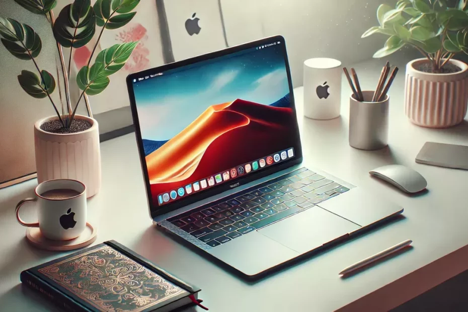 MacBook em uma mesa de trabalho minimalista com acessórios elegantes e luz natural suave.