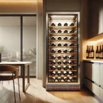 Adega climatizada moderna com porta de vidro e garrafas de vinho organizadas, em uma cozinha contemporânea com decoração minimalista.