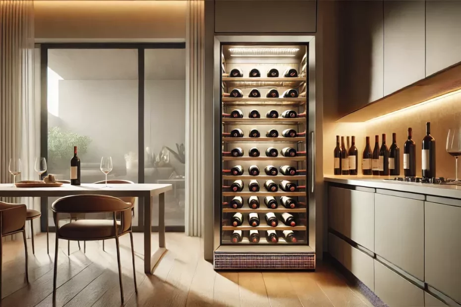 Adega climatizada moderna com porta de vidro e garrafas de vinho organizadas, em uma cozinha contemporânea com decoração minimalista.