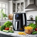 Uma cozinha moderna com uma air fryer elegante em destaque sobre a bancada, cercada por vegetais frescos e batatas fritas douradas.