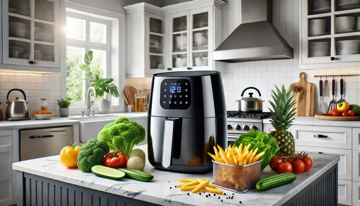 Uma cozinha moderna com uma air fryer elegante em destaque sobre a bancada, cercada por vegetais frescos e batatas fritas douradas.