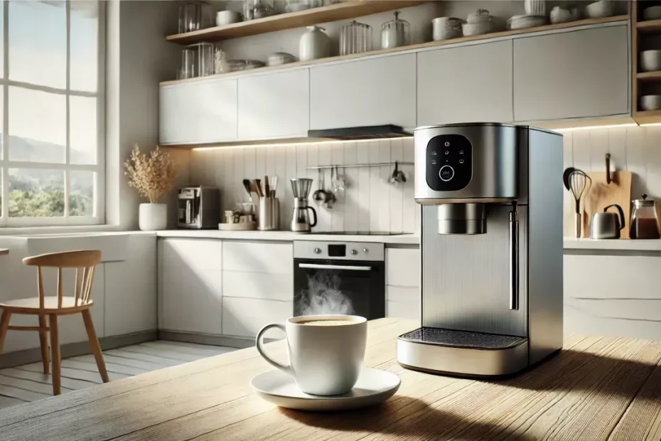 Cozinha moderna com uma cafeteira sobre o balcão e uma xícara de café com vapor saindo na mesa.