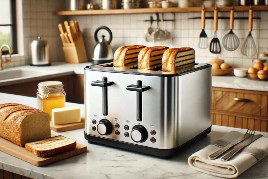 Uma cozinha moderna com uma torradeira de slot longo em aço inoxidável sobre uma bancada de mármore, cercada por pães frescos e uma manteigueira.