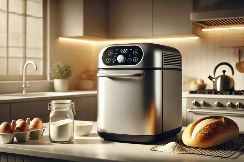 Máquina de fazer pão inoxidável em uma cozinha moderna, com ingredientes ao lado e um pão recém-assado.