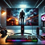 Imagem de um setup gamer com um monitor de alta performance exibindo uma cena de jogo vibrante, com teclado, mouse e fones RGB ao redor.