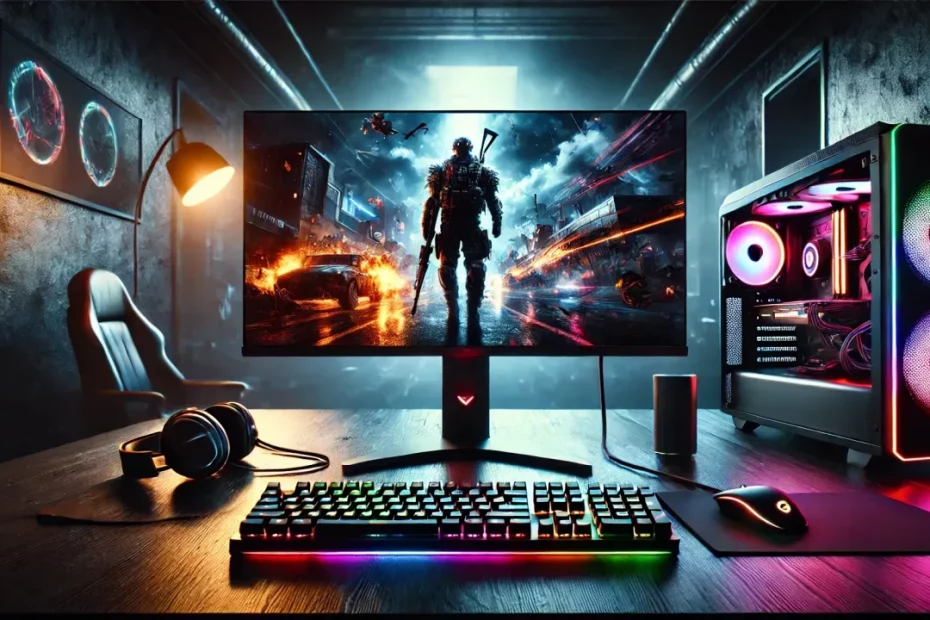 Imagem de um setup gamer com um monitor de alta performance exibindo uma cena de jogo vibrante, com teclado, mouse e fones RGB ao redor.