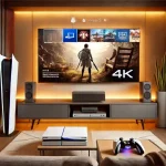 Imagem de uma sala moderna com um console de PlayStation 5 e uma TV 4K montada na parede.