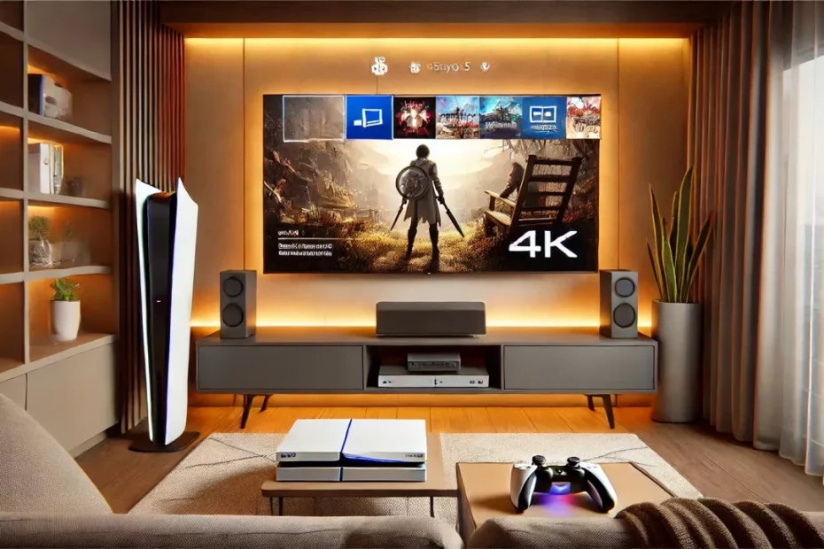 Imagem de uma sala moderna com um console de PlayStation 5 e uma TV 4K montada na parede.