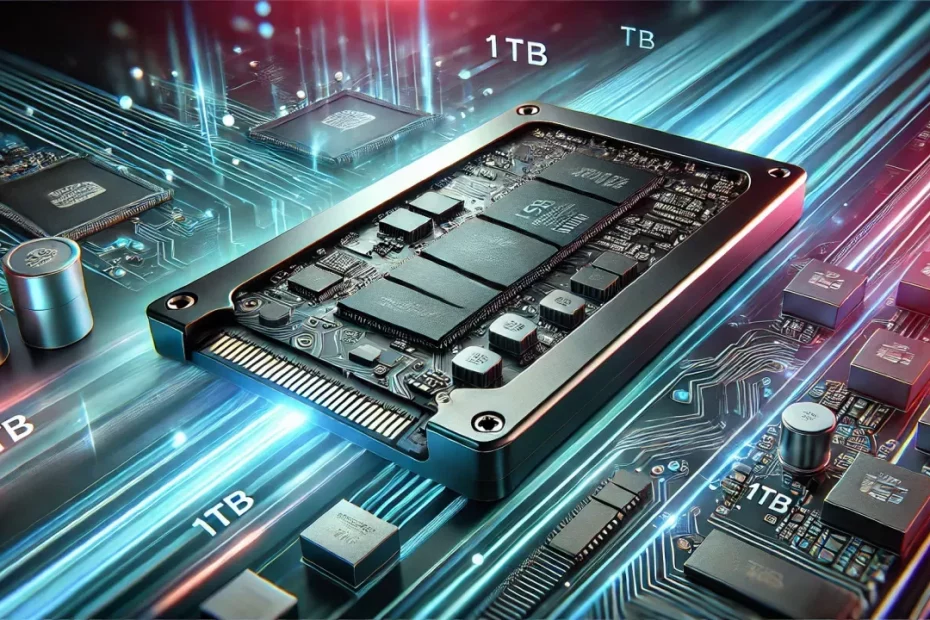 Imagem de um SSD moderno e elegante com capacidade de 1TB, destacado contra um fundo temático tecnológico com linhas e elementos digitais brilhantes.