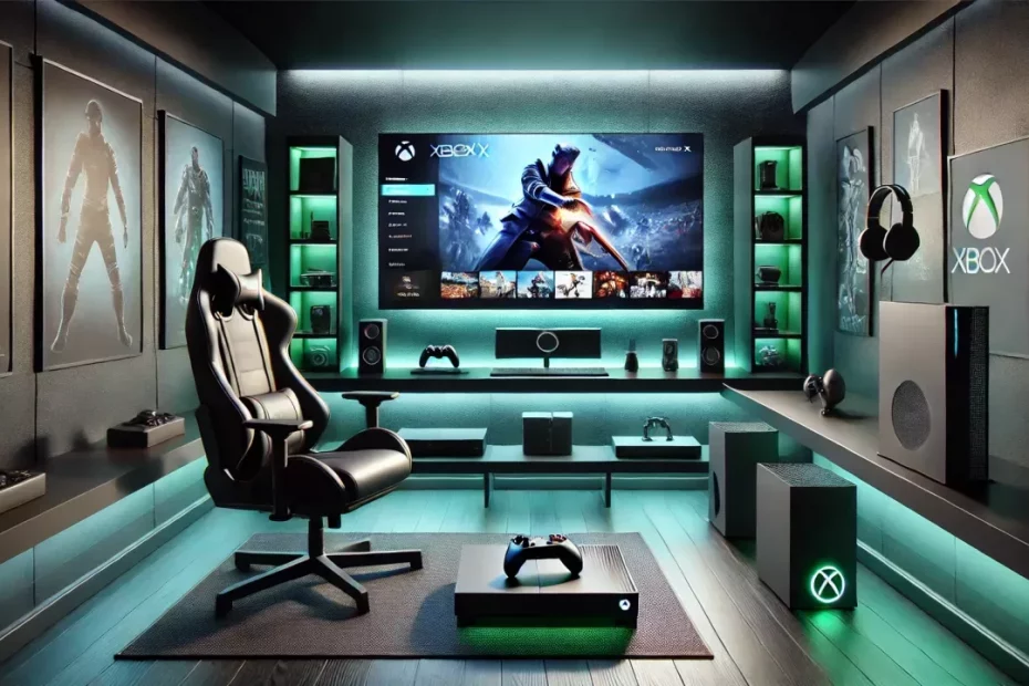 Sala gamer moderna com setup de Xbox Series X, TV 4K, iluminação LED e decoração temática de jogos.