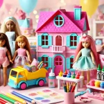 Uma cena vibrante e alegre mostrando uma variedade de brinquedos para meninas de 3 a 5 anos, incluindo bonecas, bonecas interativas, uma casinha de bonecas colorida e materiais de artesanato como giz de cera e tintas. O ambiente é iluminado com cores pastéis e transmite uma atmosfera divertida e criativa.