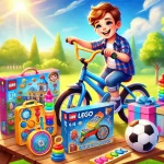 Menino de 6 a 8 anos brincando ao ar livre com uma bicicleta colorida, Lego e kit de exploração científica, sorrindo em um parque ensolarado.