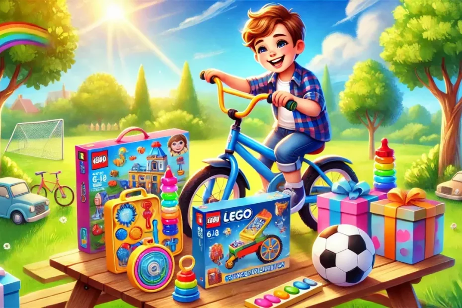 Menino de 6 a 8 anos brincando ao ar livre com uma bicicleta colorida, Lego e kit de exploração científica, sorrindo em um parque ensolarado.