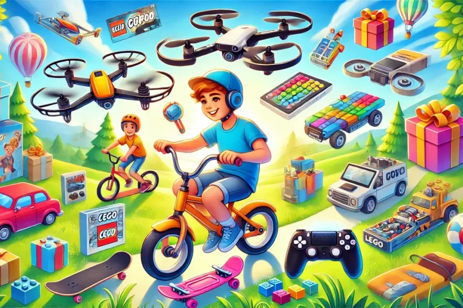 Ilustração colorida mostrando uma variedade de presentes para meninos de 9 a 12 anos, incluindo um drone, skate, controle de videogame, blocos de LEGO e um menino andando de bicicleta ao ar livre.