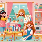 Meninas de 6 a 8 anos brincando com diversos brinquedos educativos e criativos, incluindo um kit de pintura, quebra-cabeça e mini cozinha de brinquedo.