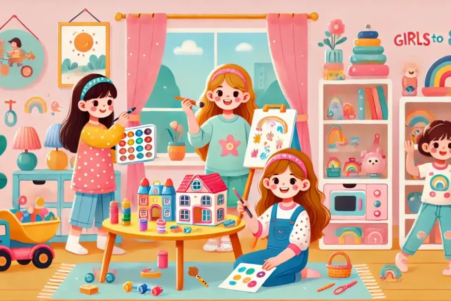 Meninas de 6 a 8 anos brincando com diversos brinquedos educativos e criativos, incluindo um kit de pintura, quebra-cabeça e mini cozinha de brinquedo.