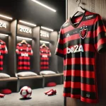 Imagem em close-up da camisa oficial Flamengo pendurada em um armário, destacando as listras vermelhas e pretas e o escudo do Flamengo no peito, com um ambiente de vestiário moderno ao fundo.