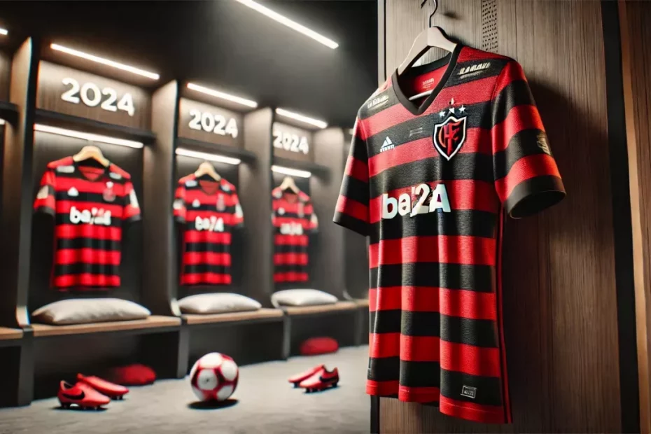 Imagem em close-up da camisa oficial Flamengo pendurada em um armário, destacando as listras vermelhas e pretas e o escudo do Flamengo no peito, com um ambiente de vestiário moderno ao fundo.