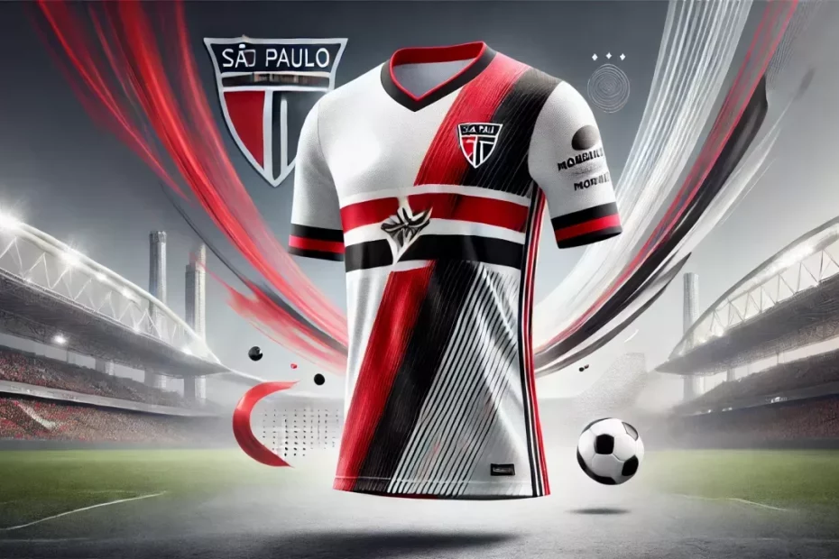 Ilustração de uma camisa de futebol moderna inspirada nas cores clássicas do São Paulo Futebol Clube (branco, vermelho e preto). Ao fundo, elementos gráficos abstratos e uma silhueta sutil de um estádio.