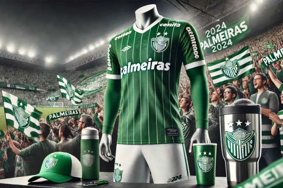 Manequim vestindo a camisa oficial do Palmeiras em um estádio, cercado por outros fãs agitando bandeiras verdes e brancas. A imagem inclui acessórios como boné e copo térmico do Palmeiras.