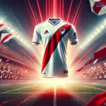 Imagem da camisa oficial do River Plate em destaque, com o icônico design da faixa diagonal vermelha sobre um fundo que evoca a paixão dos torcedores