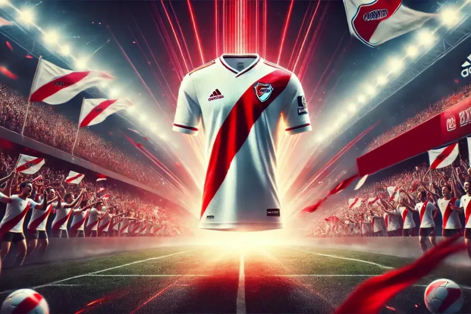 Imagem da camisa oficial do River Plate em destaque, com o icônico design da faixa diagonal vermelha sobre um fundo que evoca a paixão dos torcedores