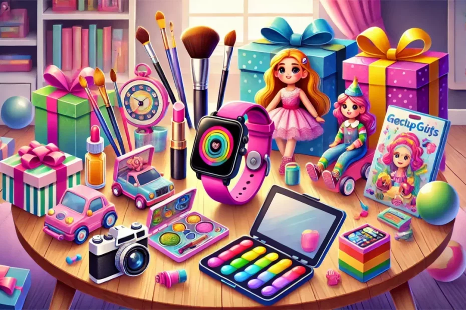 Uma ilustração colorida mostrando diversos presentes para meninas de 9 a 12 anos, incluindo um smartwatch, câmera, kit de maquiagem, suprimentos de arte e brinquedos clássicos como bonecas e jogos de tabuleiro.